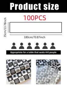 1pc/100pcs 35*180cm Halloween Spider Web Printed Polyester Tablecover - Black & White Check Design, Spider & Web Interwoven, Suitable For Halloween Party, Home Gathering, Dinner Table Decor, Classic Black & White Tone