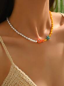 1pc Summer Beach Style Faux Pearl, Orange Fish & Starfish Pendant Necklace, Perfect For Beach Party - Orange - View 2