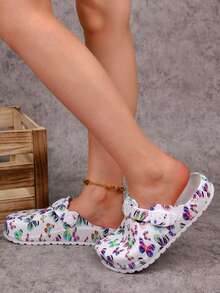 pueenb 女士时尚舒适厚底木屐 - 轻便、时尚、全天候穿着风格、蝴蝶印花、易穿脱设计、柔软鞋垫和可调节带子，适合日常、工作或休闲场合，室内和室外