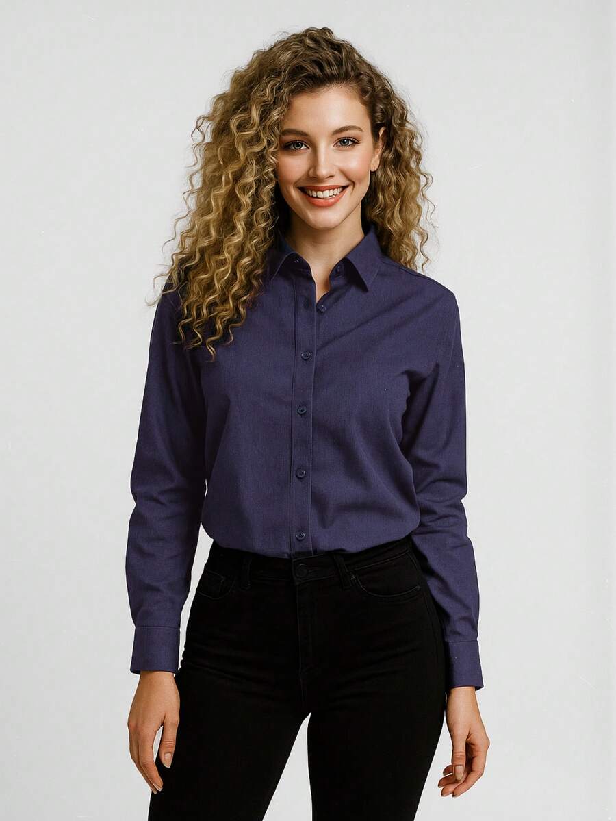 Women's Formal Shirt Premium Linen Structured Long Sleeve Shirt - Navy Blue - View 1