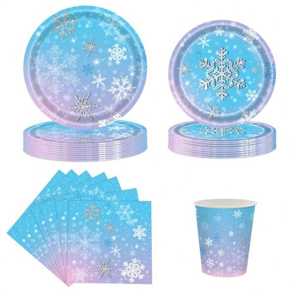 10 peças de suprimentos para festa de aniversário Frozen, pratos de papel descartáveis em formato de floco de neve, copos e guardanapos para o Natal, país das maravilhas do inverno, decorações para festa de aniversário Frozen, suprimentos para festa de Natal