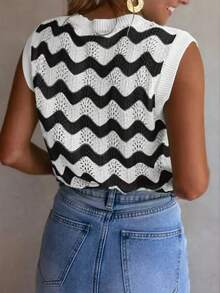1pc Contrast Striped Knit Mesh Sweater Top, Summer - White - View 4