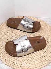 女士厚底 PU 皮革一脚蹬厚底凉鞋，时尚系带休闲拖鞋，夏季适用