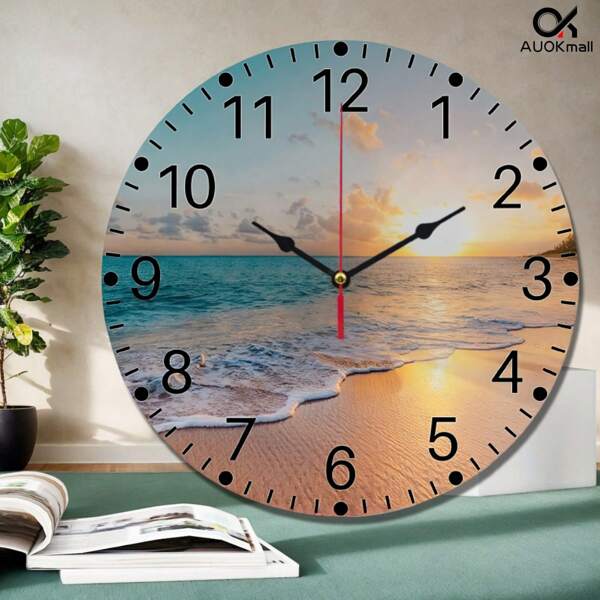 AUOKmall Une horloge murale de plage en bois frais, rencontre de l'Atlantique et du Pacifique sans motif de compatibilité. Horloge décorative murale ronde silencieuse. Convient pour la décoration de résidence balnéaire, fête, yacht, cuisine, chambre à coucher, bureau à domicile (sans batterie)