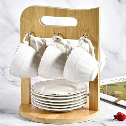 13 Pcs Espresso Coffee Cup Set Of 6, Ceramic Coffee Tea Cup Set 3 Oz (90 ML)With Holder And Saucer Service, Turkish Coffee Cup For Home Office Tea Coffee, Floral Embossment White Cups With Gold Rim, Espresso Cups With Saucers Set, New Bone Porcelain Coffee Cups With Wood Stand, Cappuccino Cups Cute Demitasse Cups For Coffee Drinks, Latte, Tea Set Of 6