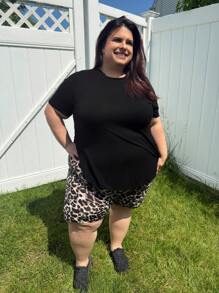 Enliva Jennifer_samantha_style Plus Size Casual Leopard Print Biker Shorts, For Apple Rounded Body Shape