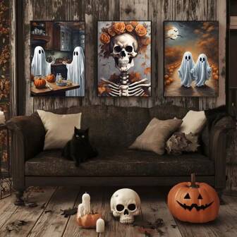 1/3 件复古万圣节鬼南瓜骷髅墙面艺术印刷海报恐怖帆布画客厅万圣节秋季节日家居装饰可选框架