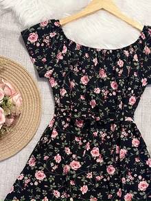 olinka modas All-Over Floral Print Leaf With Belt Ruffle Hem Beach  Dress Women's Fashion - 26-13 flor pequeno preto - 查看 2