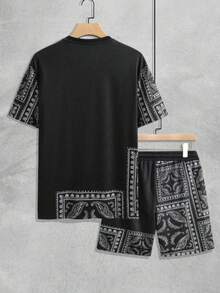 Conjunto hombre, camiseta De Tirantes Y Pantalones Cortos Con Estampado Paisley Para Hombres - Negro - Ver 3