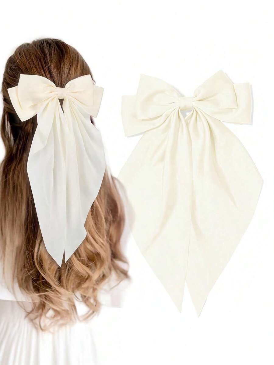1 件女士蝴蝶结发饰，米色大蝴蝶结发夹，适合女孩，丝滑缎带发带，大发夹，可爱美观发饰，金属蝴蝶结发夹，中性色，爪夹，发夹，发夹 - 彩色 - 查看 1
