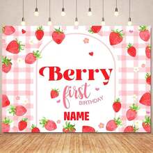 1 szt. personalizowany baner na tło do fotografii urodzinowej z motywem różowej truskawki, spersonalizowane imię i rok, kolorowa dekoracja na przyjęcie urodzinowe