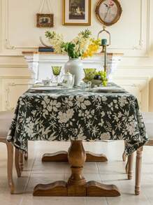 1 件美式乡村复古风格桌布，绿色花卉提花设计，长方形餐桌、茶几、电视柜罩，适合节日、派对、婚礼、家居和宿舍装饰 - 墨綠色 - 查看 1