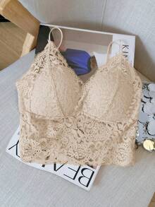 性感 V 领蕾丝衬垫细肩带短款上衣，修身剪裁，迷人的露背设计 - 卡其色 - 查看 6