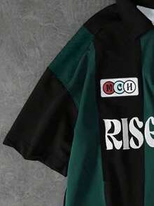 Casual Pullover Short Sleeve Plus Size Polo Shirt For Men, Summer, Letter Print, Striped Color Block, College Style, Plus Size Design - Dark Green - View 4
