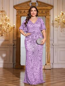 hezixi High Quality Stretchy Elegant Sequin Patchwork Super Fitted Plus Size V-Neck Evening Cocktail Party Wedding Anniversary Family Formal Gala Bridal Shower Birthday Sleeveless Luxurious Classy Mother Of The Bride Dress (Heavy Embellished) - Lilac Purple - View 6