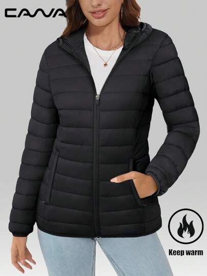 Cavva Jaqueta com Capuz Acolchoada Feminina, À Prova de Vento, , Acolchoada, com Zíper, Casual de Inverno Quente, com 4 Bolsos, para Caminhada, Acampamento e Trabalho, Forrada em Fleece