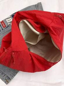 2025 Spring/Summer New Red Nylon Fabric Handbag, Large Capacity Solid Color Shoulder Bag, Casual Loose Style Tote, Versatile College Campus Bag, Simplistic Fashion Satchel, Short Trip Travel Bag, Dual Zipper Side Pockets, Crescent Shape - Red - View 7