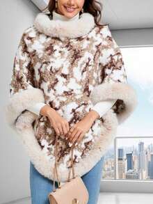 Fashion - Forward Poncho With Plush Trim For Winter Gatherings - Beige - View 6