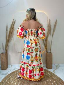 Women's Long Dresses All-Over Print Floral Knot Ruched Ruffle Hem Beach Summer - Yellow - View 3
