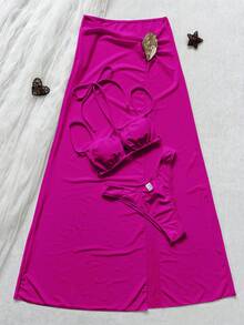 Women's Solid Color Halter Bikini 3-Piece Set, With Tie Front And Metal Buckle Design, Retro Elegant Style - Hot Pink - View 4