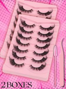 14 Pairs Faux Mink Cat Eye False Eyelashes – Dramatic 6D Volume, Fluffy & Wispy, Bold Glam Look, 2 Boxes Set, Long-Lasting, Natural Look, Volume Lashes For Party & Wedding Makeup - 眼尾拉長款 - 查看 6