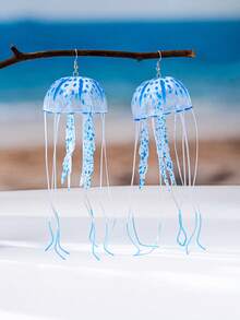 1 对可爱水母设计吊坠耳环，适合女士，复古长流苏耳环，独特的海洋珠宝配饰，适合女士和女孩的完美礼物 - 藍色 - 查看 2