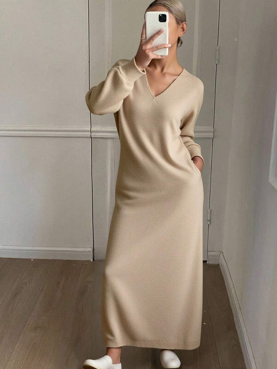 Livesso Robe pull ample décontractée à col V et couleur unie pour femmes, vêtements d'automne pour femmes - Camel - Voir 1