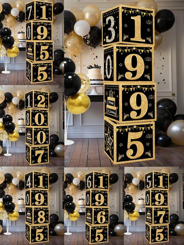 4Pcs Black Gold Birthday Paper Box,Happy 18th/30th/40th/50th/60th/70th Birthday Box,Glitter Elegant Square Paper Boxes,18th/30th/40th/50th/60th/70th Birthday Party Decor,2007/1965/1975/1985/1995/1955 Themed Birthday Celebration Supplies