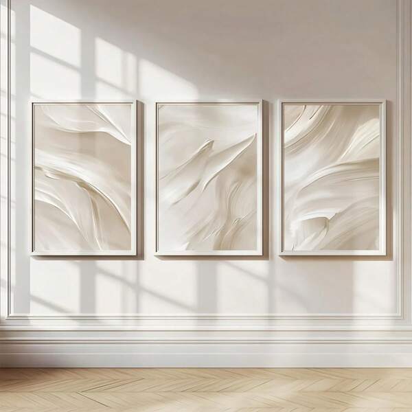 Ensemble d'affiches abstraites beiges imprimées en 3 exemplaires, œuvres murales avec coups de pinceau blancs aux tons neutres et doux, décoration murale minimaliste pour chambre à coucher et salon, décoration murale abstraite 2D moderne et neutre beige pour le salon, l'hôtel, sans cadre
