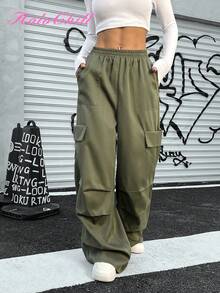 Pantalones cargo de mujer HoloChill de color liso verde oliva con múltiples bolsillos y botones, con cordón y pliegues, ropa casual y urbana para uso diario, aeropuerto, regreso a la escuela, otoño e invierno - Negro - Ver 4