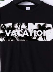 Conjunto de 2 peças de camisa e shorts de malha com estampa de coqueiro havaiano e letras para meninos, verão