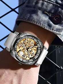 男士硅胶表带，带夜光雕刻和镂空设计，多功能、个性化、全自动机械表 - 均碼 - 查看 2