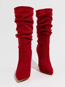 Women Black Pointed Toe Suede Side Zipper High Heel Boots, Wrinkle Versatile Party Mid-Calf Warm Boots For Autumn/Winter,Sexy - Red - View 5