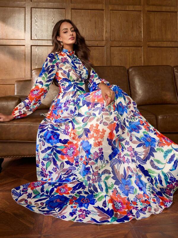 Elegant Vibrant Floral Print Maxi Gown With Fruit & Floral Motif - Lightweight Chiffon Fabric For Luxury Banquets, Red Carpet Events & Elegant Receptions
