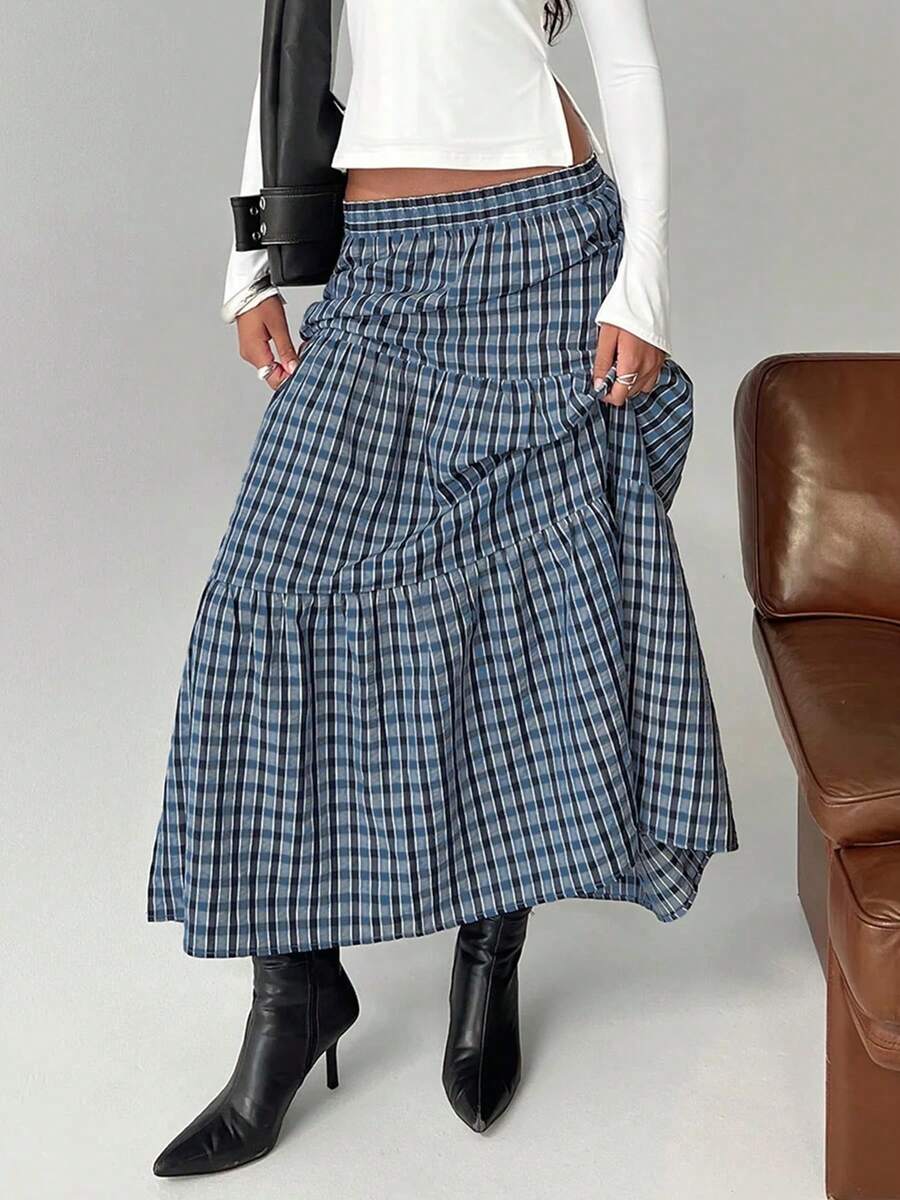 1 件格子条纹休闲褶皱荷叶边/荷叶边下摆女式半身裙，适合所有季节日常穿着 - 彩色 - 查看 1