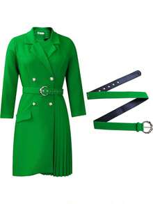 HERTALK Women's Lapel Blazer, Elegant Midi Dress With Pleated Sleeves And Belt - 綠色 - 查看 4