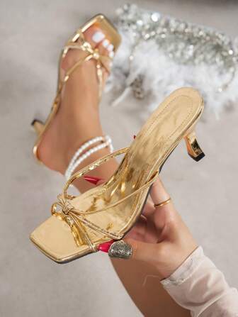 Women's French Square Toe Multi-Strap Knotted Thong Design Gold High Heel Sandals, 2025 Summer New Fashionable Minimalist Elegant High Heel Sandals Suitable For Dresses, Ideal For Dates And Formal Events