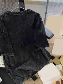 超大复古卡通印花水洗黑色短袖T恤，宽松修身设计，时尚复古风格 - 黑色 - 查看 4