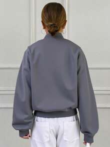 Livesso 字母图案撞色滚边立领落肩卫衣，长袖上衣 - 霧霾藍 - 查看 4