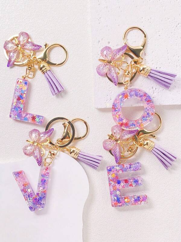 Alphabet Initial Letter Keychain Cute Butterfly Key Chain Ring Purse Bag Backpack Charm Earbud Case Cover Accessories Women Girls Gift