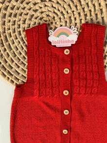 Ema Button Knit Set Girl Bodysuit Overalls Baby Romper - Merah - View 3