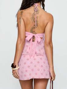 Women Summer Fashion Sleeveless Polka Dot Tie Hanging Neck Set Top + Shorts Club Seaside Tank Top Short Skirt Set - Hồng - Xem 5