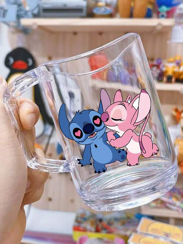 Disney 1pc Stitch & Angel Toothbrush Holder Cup, Durable Plastic, Portable With Handle Hole For Toothbrush Placement, Bathroom Decor, Suitable For Brushing Teeth, Travel Mug, Gift