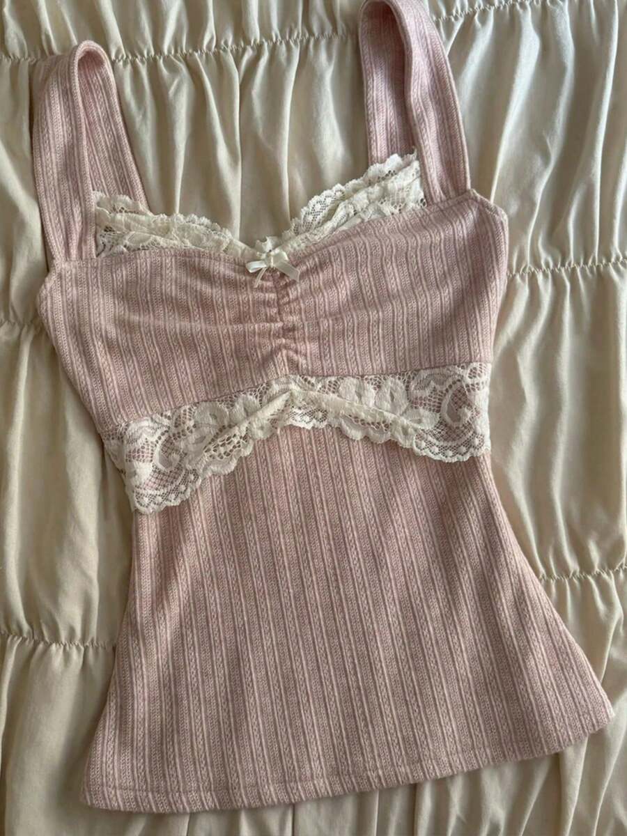 Women Y2K Vintage Lace Trim Cami Top 2000s Aesthetic Slim Fit Milkmaid Vest Cottage Crop Tank Top Coquette Clothes - 粉色 - 查看 1