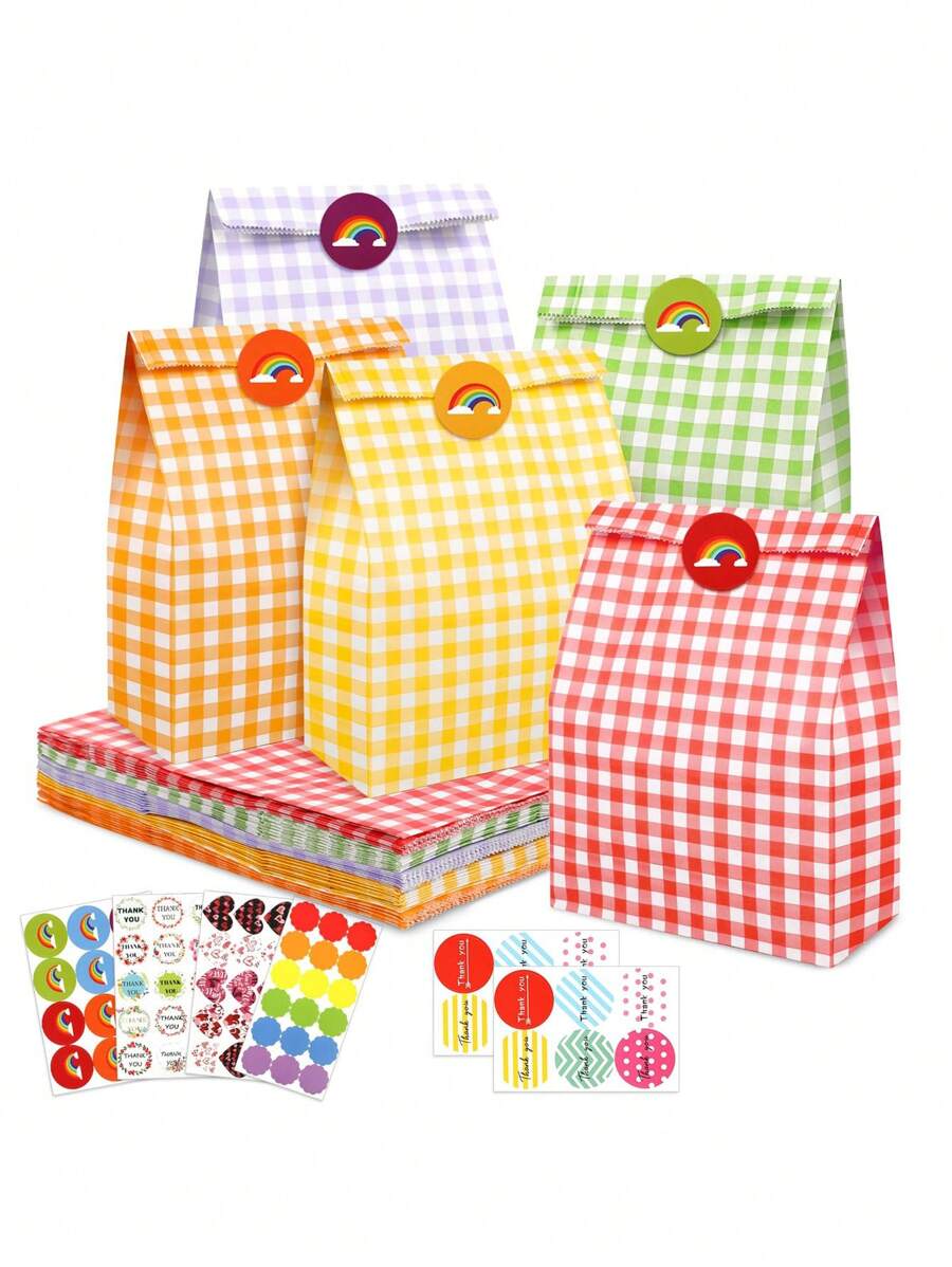 24个/12个/6个/1个彩色格纹牛皮纸袋，可爱小礼品包装纸袋，用于收纳整理，清新风牛皮纸格纹袋，用于糖果包装和送礼，彩色格纹生日礼物，韩式方形底牛皮纸野餐收纳袋，烘焙糖果包装袋，生日礼品袋