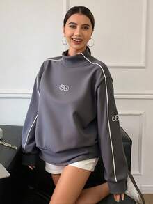 Livesso 字母图案撞色滚边立领落肩卫衣，长袖上衣 - 霧霾藍 - 查看 3