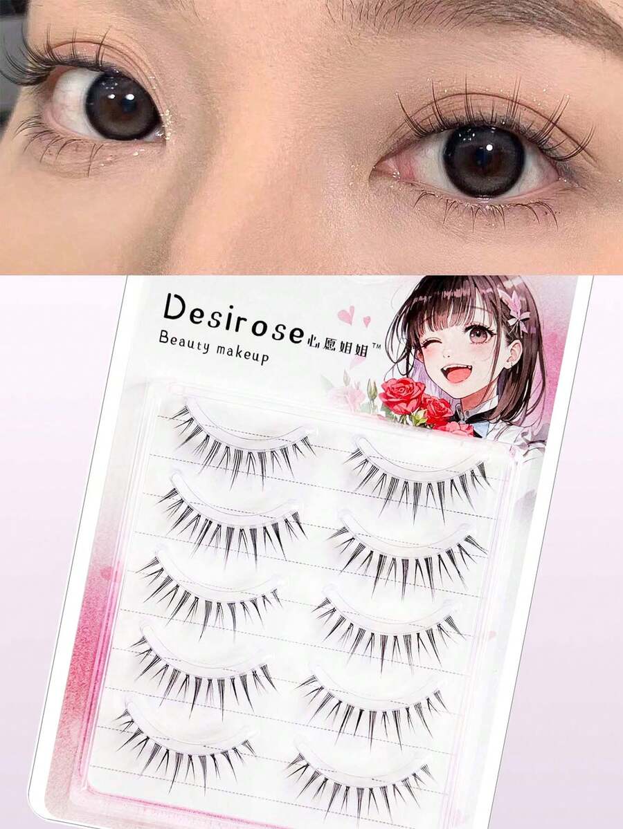 漫画假睫毛5对小恶魔自然柔软睫毛透明梗仙女仿貂毛睫毛自然舒适细腻柔软 - 黑色 - 查看 1