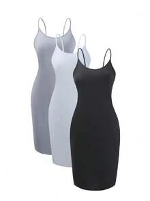 Women's Gray, White And Black Plus Size 3pcs/Set Fit Ruched With Camisole Dress, Elegant Spring Summer Break Country Concert Vacation Outfits For Women - Grey - View 1