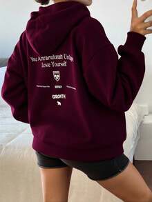 Livesso 女式长款连帽衫，背部印花，长袖上衣，秋季女装运动衫 - 酒紅色 - 查看 1