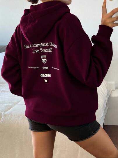 Livesso 女式长款连帽衫，背部印花，长袖上衣，秋季女装运动衫